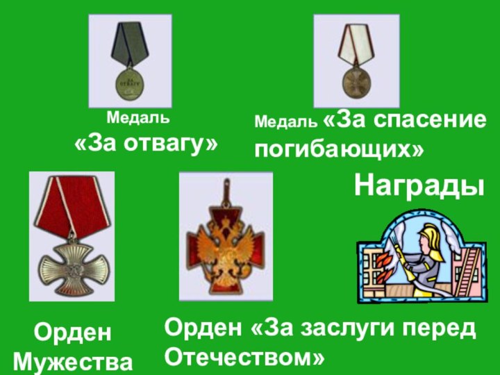 Медаль «За спасение погибающих»Орден «За заслуги перед Отечеством»    Медаль«За