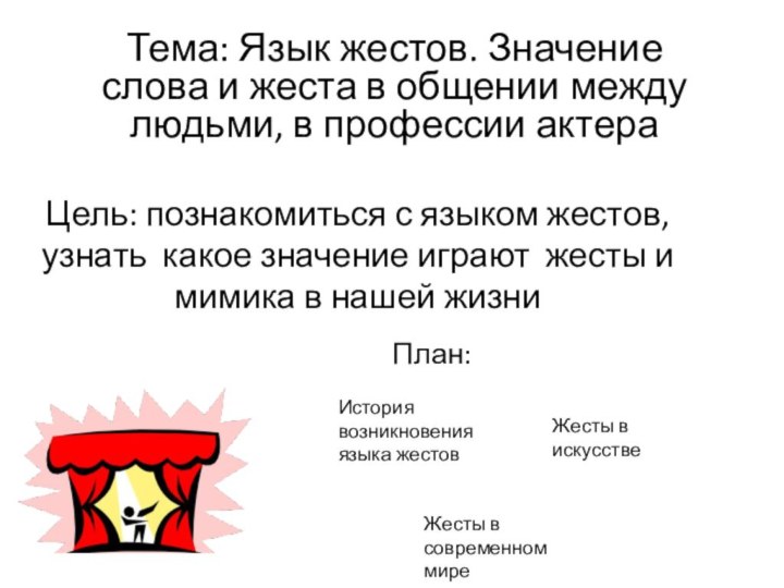 Цель: познакомиться с языком жестов, узнать какое значение играют жесты и мимика