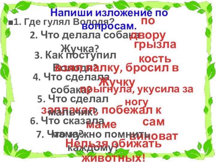 2. Что делала собака Жучка?1. Где гулял Володя?