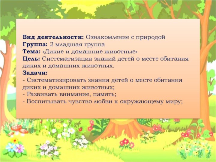 Вид деятельности: Ознакомление с природой Группа: 2 младшая группа Тема: «Дикие