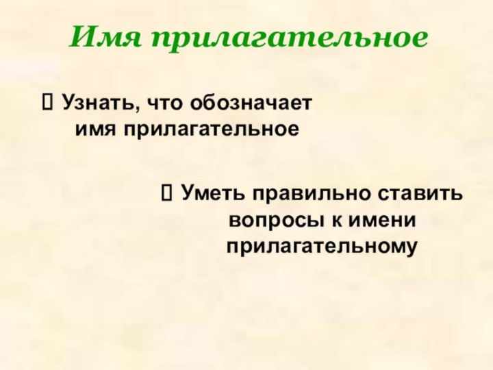 Имя прилагательное Узнать, что обозначает имя прилагательноеУметь правильно ставить вопросы к имени прилагательному