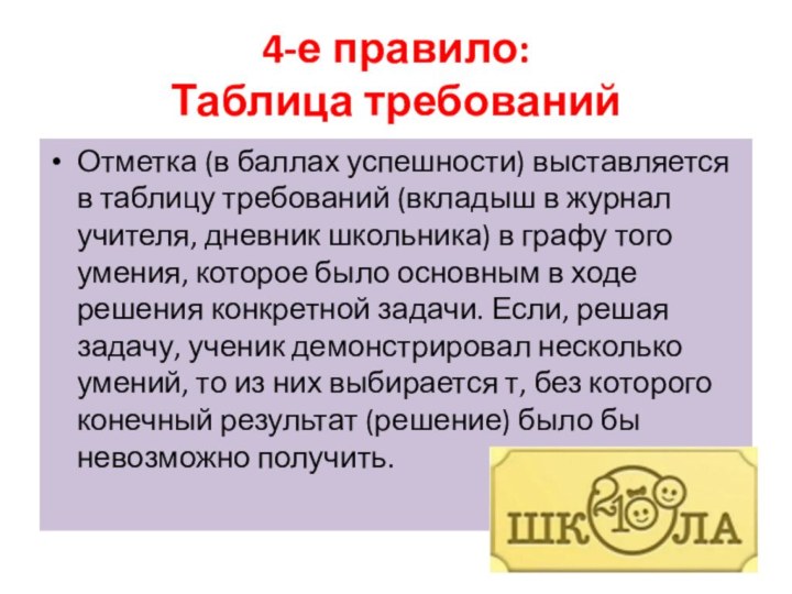 4-е правило: Таблица требованийОтметка (в баллах успешности) выставляется в таблицу требований (вкладыш