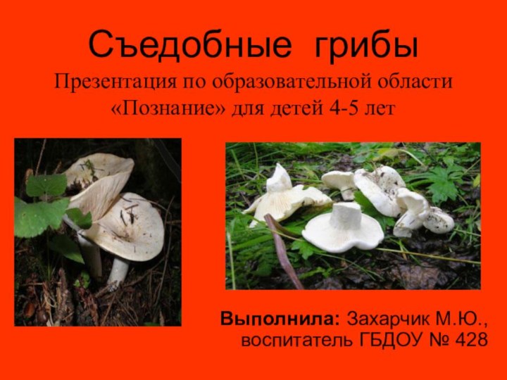 Съедобные грибы Презентация по образовательной области «Познание» для детей 4-5 летВыполнила: Захарчик