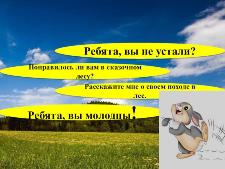 Понравилось ли вам в сказочном лесу?Ребята, вы не устали?Расскажите мне о своем