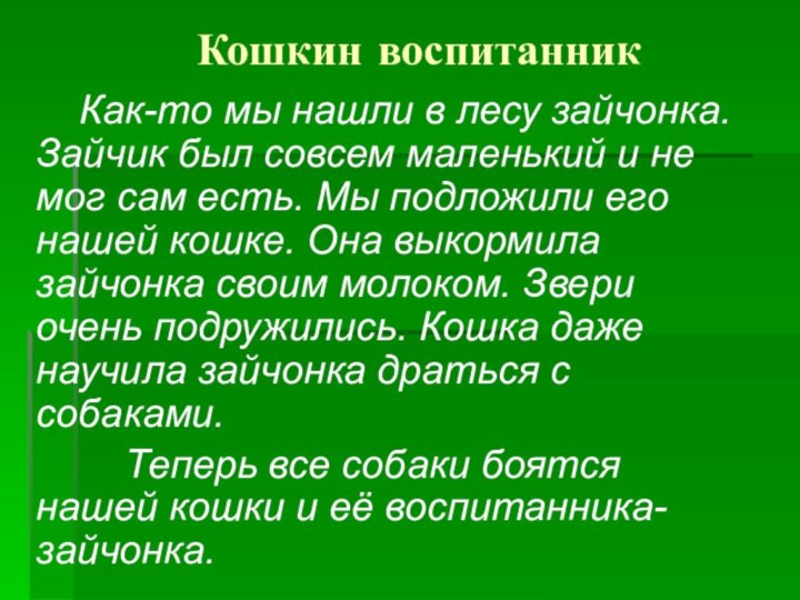 Кошкин воспитанник   Как-то мы нашли в лесу зайчонка. Зайчик был