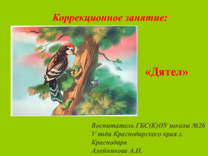 Коррекционное занятие:Воспитатель ГБС(К)ОУ школы №26 V вида Краснодарского края г. КраснодараАлейникова А.Н.«Дятел»