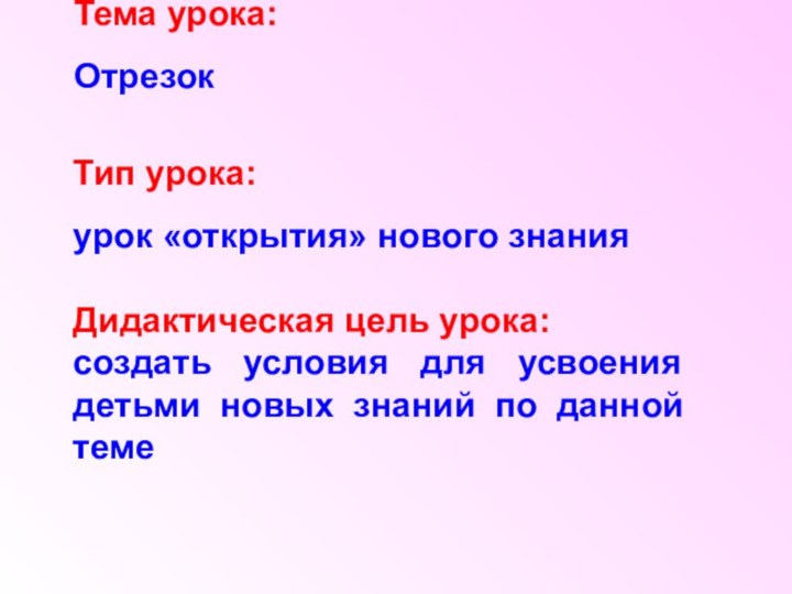 Тема урока:  Отрезок  Тип урока: урок «открытия» нового знания Дидактическая