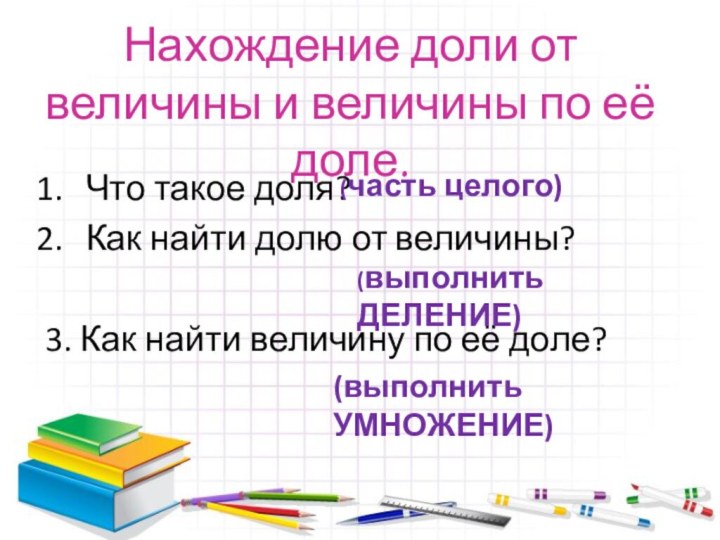 Нахождение доли от величины и величины по её доле.Что такое доля? Как