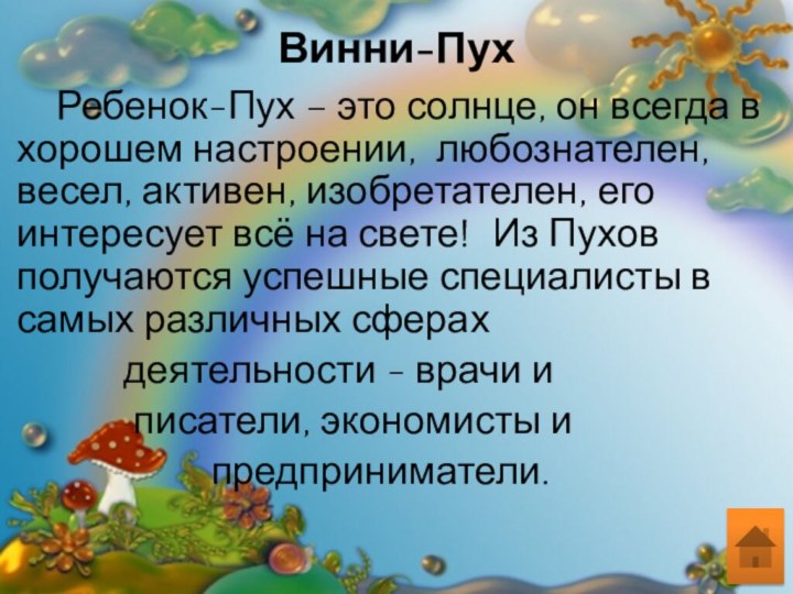 Винни-Пух 		Ребенок-Пух – это солнце, он всегда в хорошем настроении, любознателен, весел,