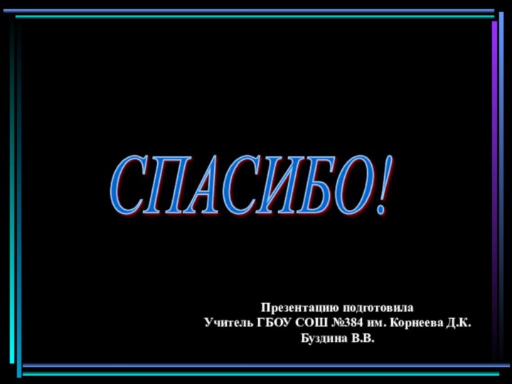 СПАСИБО!Презентацию подготовилаУчитель ГБОУ СОШ №384 им. Корнеева Д.К.Буздина В.В.