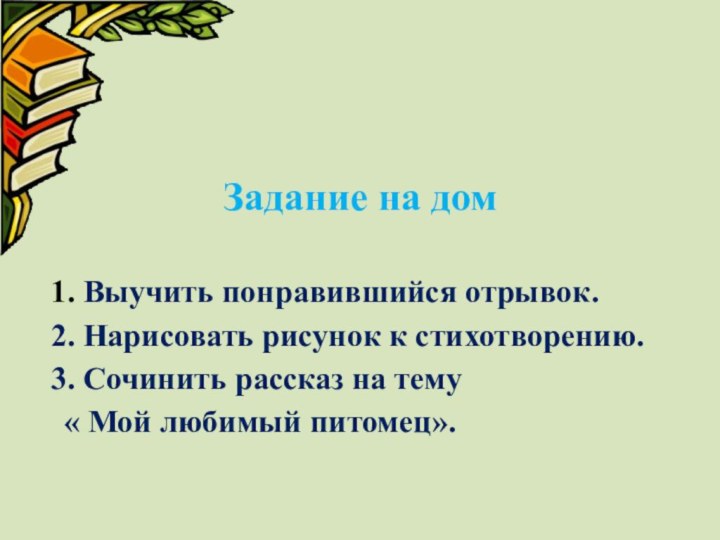 Задание на дом  1. Выучить понравившийся отрывок.  2. Нарисовать рисунок