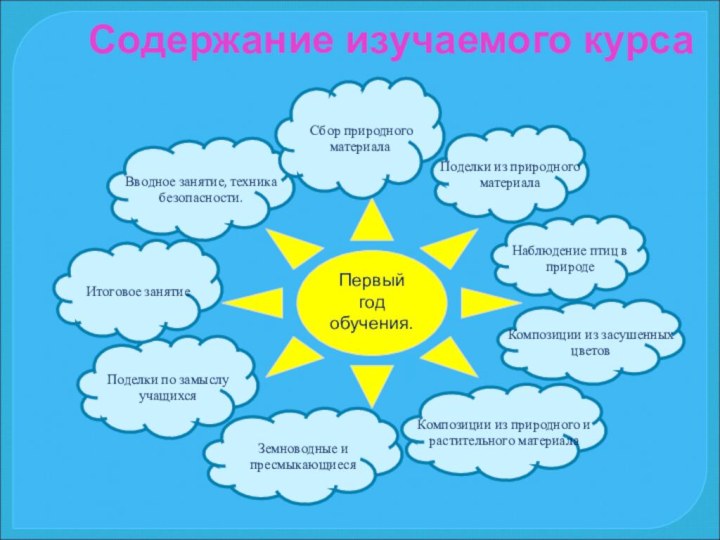 Содержание изучаемого курсаПервый год обучения.Вводное занятие, техника безопасности. Сбор природного материалаПоделки из