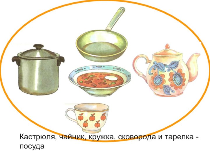 Кастрюля, чайник, кружка, сковорода и тарелка - посуда