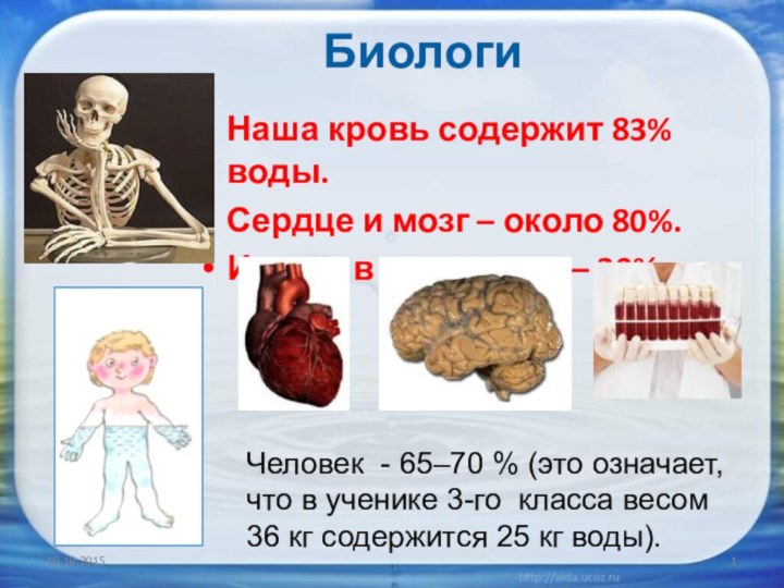 Наша кровь содержит 83% воды.Сердце и мозг – около 80%.И даже в