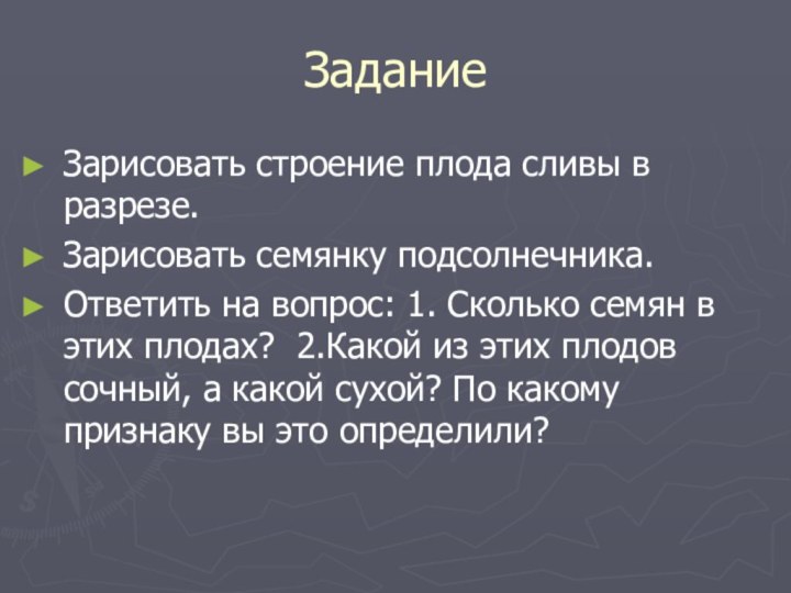 ЗаданиеЗарисовать строение плода сливы в разрезе.Зарисовать семянку подсолнечника.Ответить на вопрос: 1. Сколько