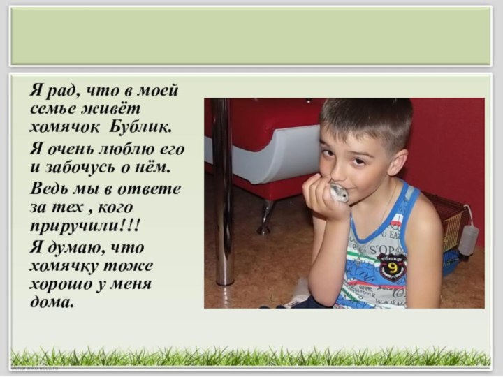 Я рад, что в моей семье живёт хомячок Бублик.Я очень люблю его