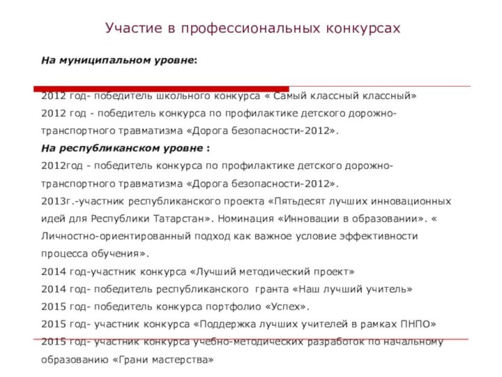 Участие в профессиональных конкурсахНа муниципальном уровне:2012 год- победитель школьного конкурса « Самый