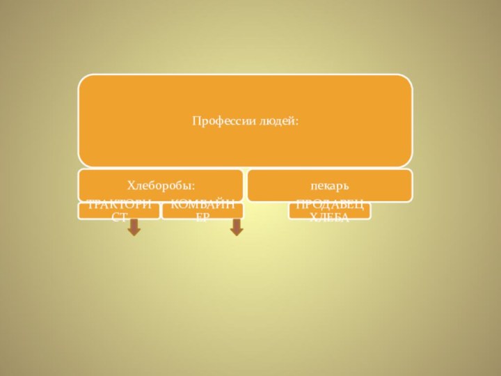 Профессии людей:Хлеборобы:ТРАКТОРИСТКОМБАЙНЕРпекарьПРОДАВЕЦ ХЛЕБА