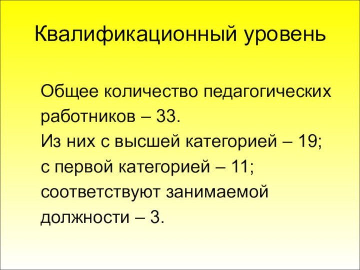 Квалификационный уровень   Общее количество педагогических   работников – 33.