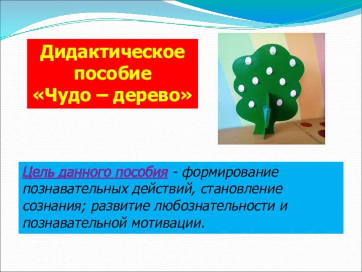 Цель данного пособия - формирование познавательных действий, становление сознания; развитие любознательности и познавательной мотивации.Дидактическое пособие«Чудо – дерево»