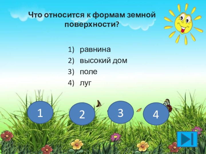 Что относится к формам земной поверхности?1)  равнина2)  высокий дом3)  поле4)  луг1234