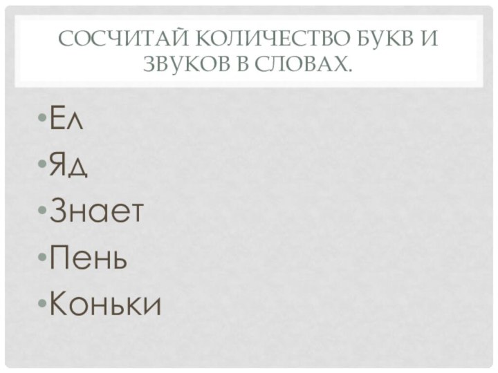 СОСЧИТАЙ КОЛИЧЕСТВО БУКВ И ЗВУКОВ В СЛОВАХ. ЕлЯдЗнаетПеньКоньки