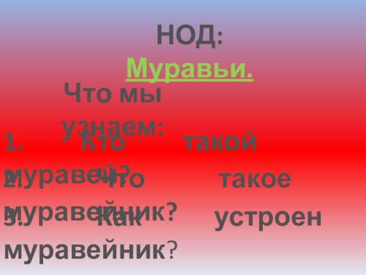 НОД: Муравьи.Что мы узнаем:1. Кто такой муравей?2. Что такое муравейник?3. Как устроен муравейник?