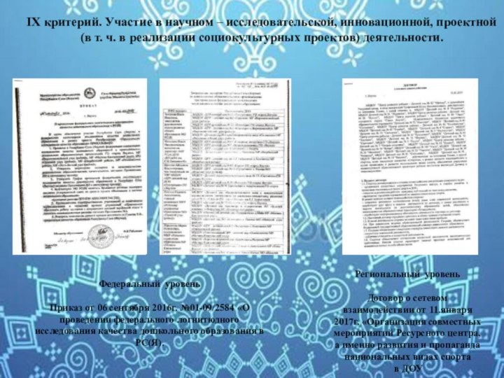 IX критерий. Участие в научном – исследовательской, инновационной, проектной (в т. ч.