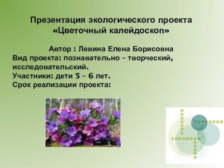 Презентация экологического проекта «Цветочный калейдоскоп»Автор : Левина Елена БорисовнаВид проекта: познавательно –