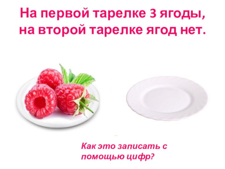 На первой тарелке 3 ягоды, на второй тарелке ягод нет. Как это записать с помощью цифр?