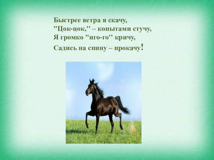 Быстрее ветра я скачу, ''Цок-цок,'' – копытами стучу, Я громко ''иго-го'' кричу,