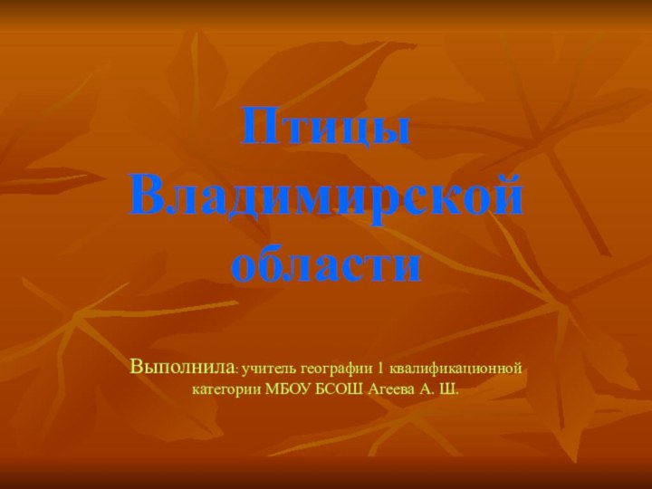 Птицы Владимирской областиВыполнила: учитель географии 1 квалификационной категории МБОУ БСОШ Агеева А. Ш.