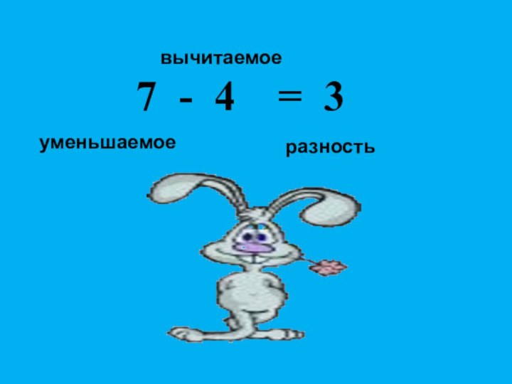 7 - 4  = 3уменьшаемоевычитаемоеразность