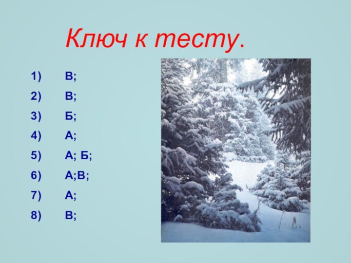 Ключ к тесту.   В;   В;   Б;