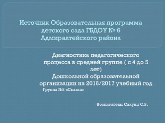 Диагностика педагогического процесса в средней группе ( с 4 до 5 лет) Дошкольной образовательной организации на 2016/2017 учебный год презентация к уроку (средняя группа)