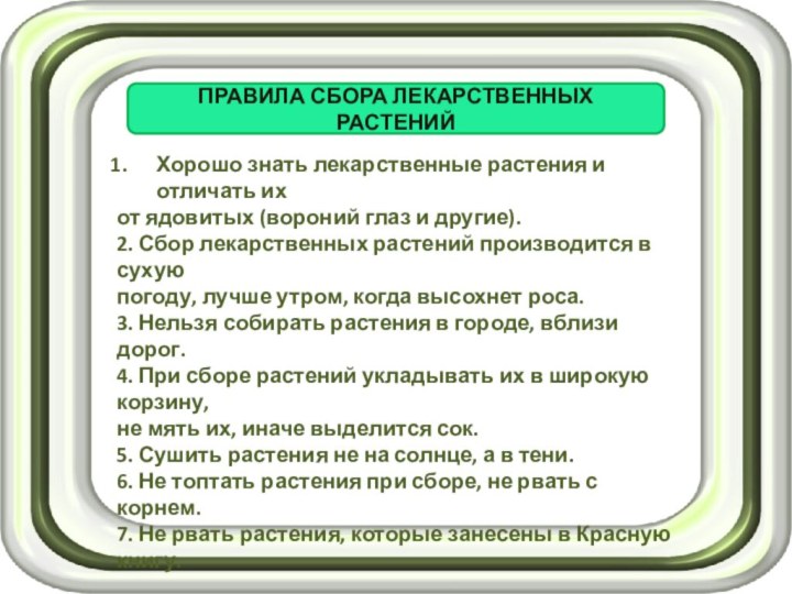 ПРАВИЛА СБОРА ЛЕКАРСТВЕННЫХ РАСТЕНИЙХорошо знать лекарственные растения и отличать их от ядовитых