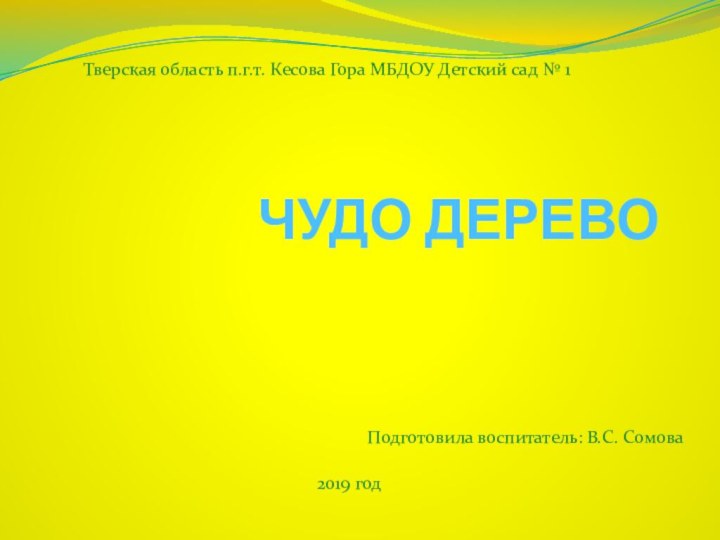 ЧУДО ДЕРЕВО2019 годТверская область п.г.т. Кесова Гора МБДОУ Детский сад № 1Подготовила воспитатель: В.С. Сомова