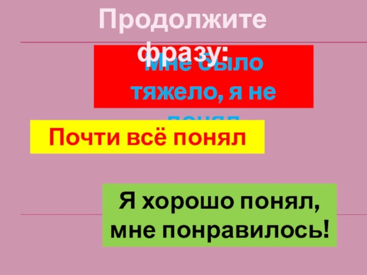 Мне было тяжело, я не понялПочти всё понялЯ хорошо понял, мне понравилось!Продолжите фразу: