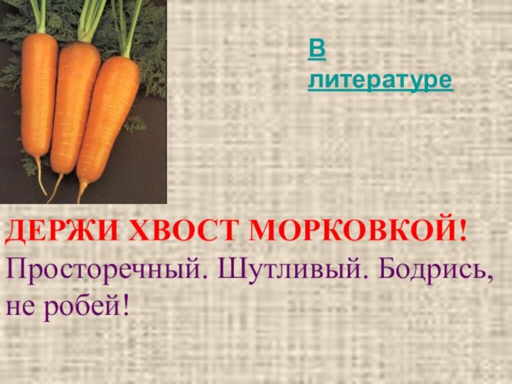 ДЕРЖИ ХВОСТ МОРКОВКОЙ! Просторечный. Шутливый. Бодрись, не робей!В литературе