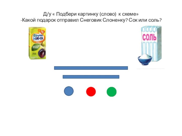 Д/у « Подбери картинку (слово) к схеме» -Какой подарок отправил Снеговик Слоненку? Сок или соль?