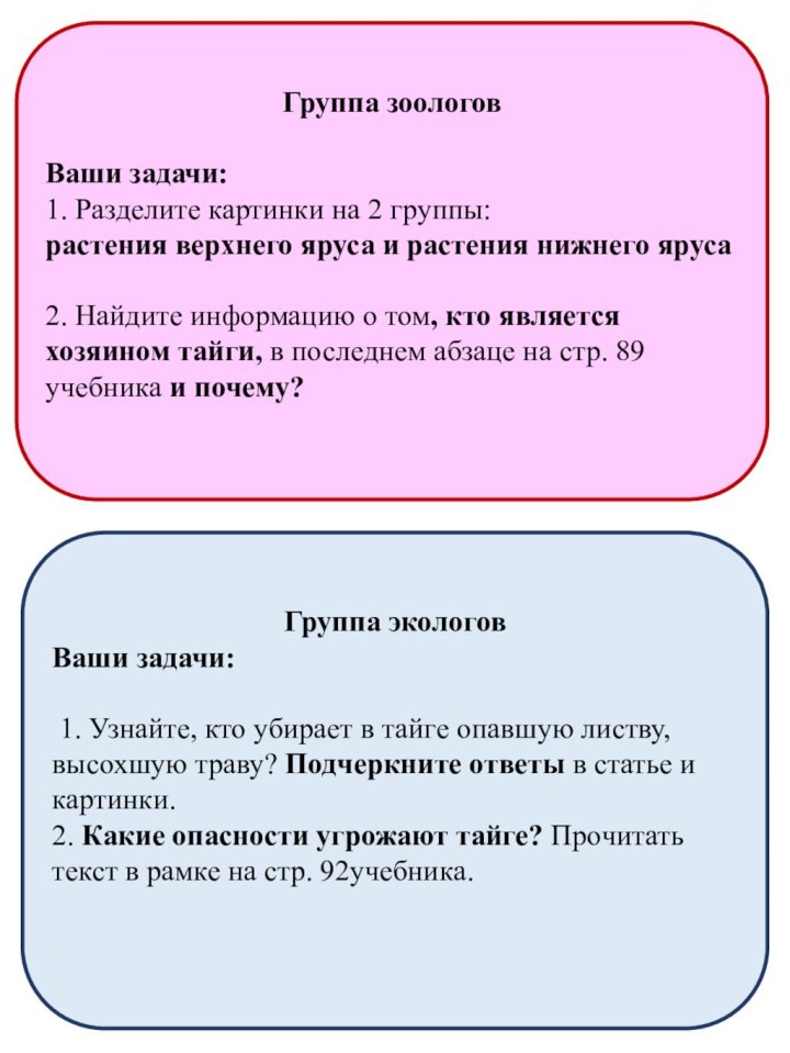 Группа зоологов Ваши задачи: 1. Разделите картинки на 2 группы:растения верхнего яруса