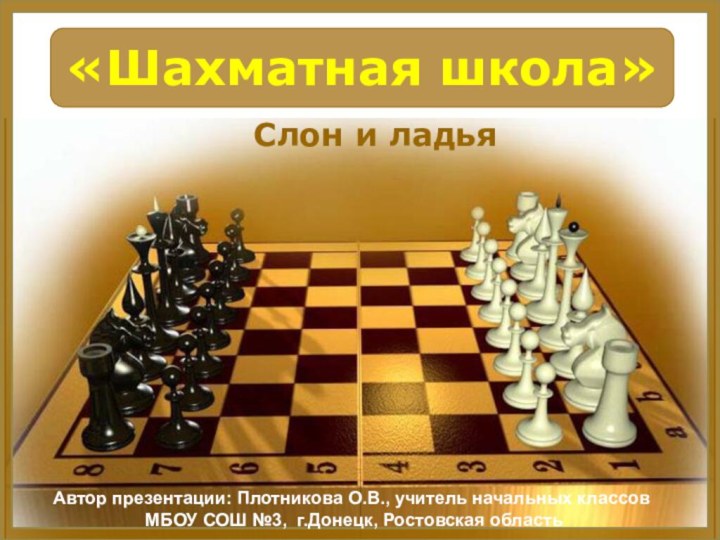 «Шахматная школа»Слон и ладьяАвтор презентации: Плотникова О.В., учитель начальных классов МБОУ СОШ №3, г.Донецк, Ростовская область