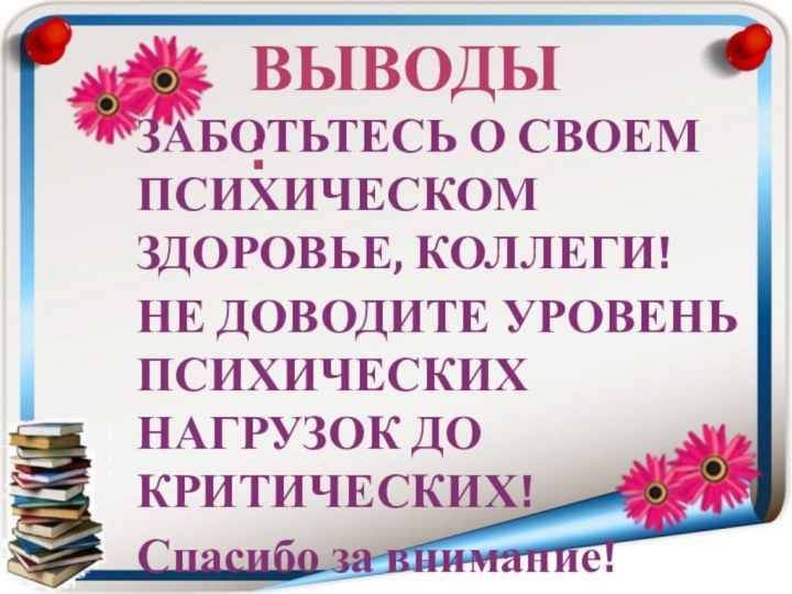 ВЫВОДЫ:ЗАБОТЬТЕСЬ О СВОЕМ ПСИХИЧЕСКОМ ЗДОРОВЬЕ, КОЛЛЕГИ!НЕ ДОВОДИТЕ УРОВЕНЬ ПСИХИЧЕСКИХ НАГРУЗОК ДО КРИТИЧЕСКИХ!Спасибо за внимание!