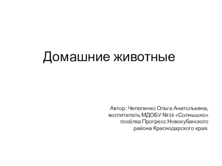 Домашние животныеАвтор: Чепеленко Ольга Анатольевна, воспитатель МДОБУ №16 «Солнышко» посёлка Прогресс Новокубанского района Краснодарского края.