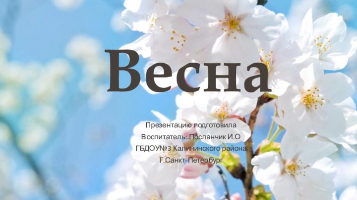 ВеснаПрезентацию подготовилаВоспитатель: Посланчик И.ОГБДОУ№3 Калининского района Г.Санкт-Петербург