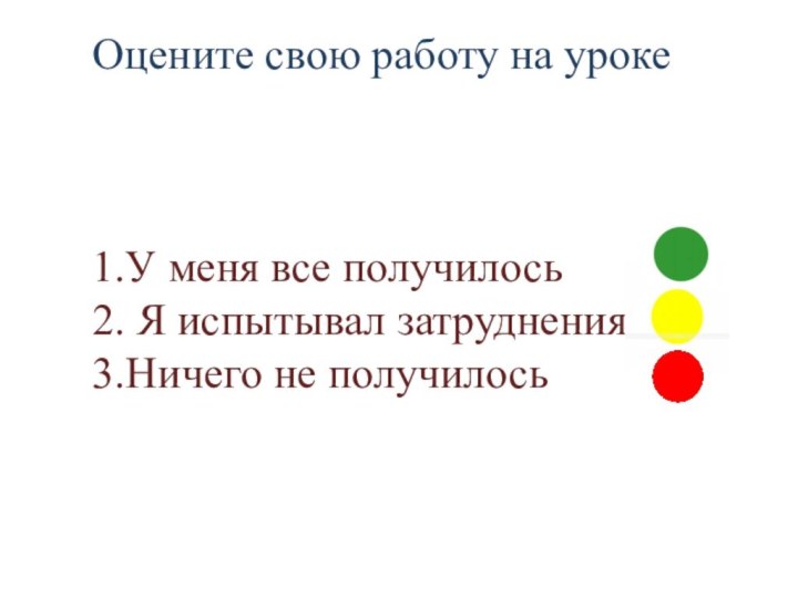 Оцените свою работу на уроке1.У меня все получилось   2. Я