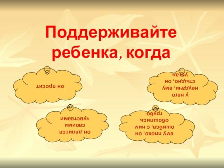 Поддерживайте ребенка, когдаон проситон делится своими чувствамиу него неудачи, ему стыдно, он