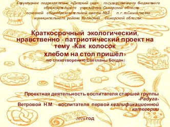 Краткосрочный экологический, нравственно - патриотический проект Как колосок хлебом на стол пришёл презентация к уроку по окружающему миру (старшая группа)