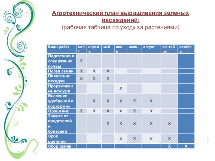 Агротехнический план выращивания зеленых насаждений: (рабочая таблица по уходу за растениями)