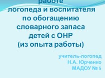 Преемственность в работе логопеда и воспитателя по обогащению словарного запаса детей с ОНР ( из опыта работы ) консультация по логопедии (подготовительная группа)